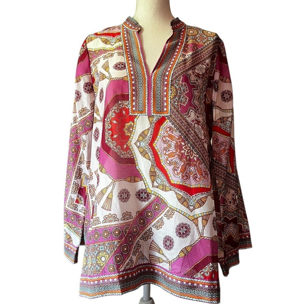 Hale Bob Pink and Red Graphic Silk Tunic with Mandarin Collar Size XL
